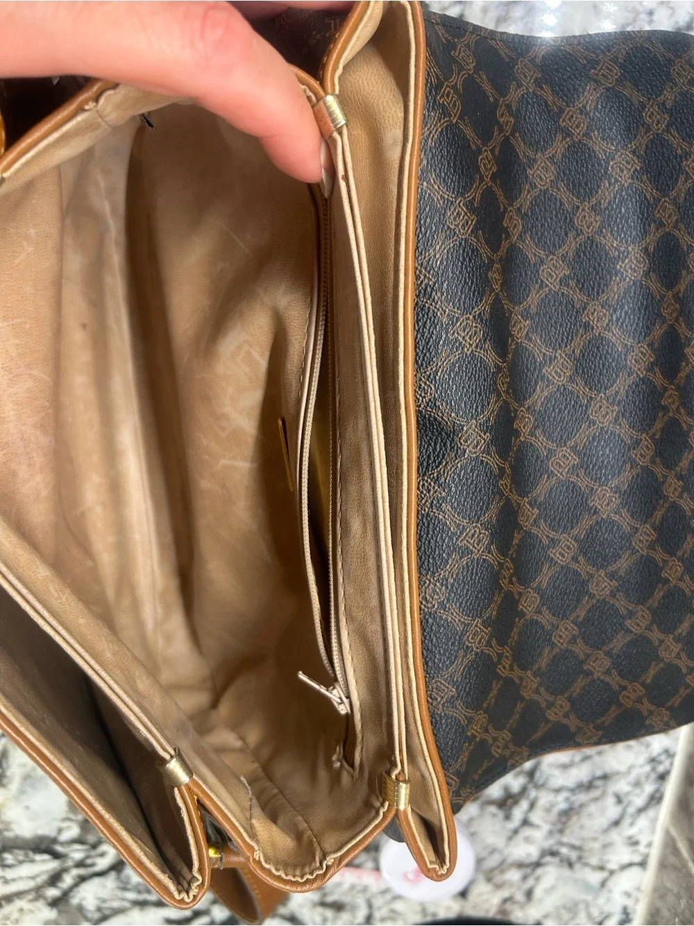 BALLY Brown and Tan leather Monogram Crossbody Bag Flap EUC